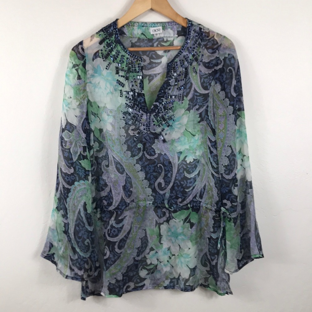 Cache Sheer Floral Sequined Tunic, Size XS
